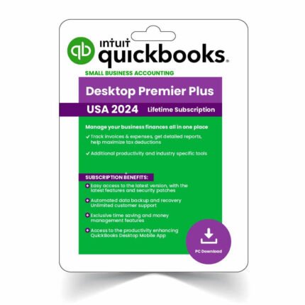 QuickBooks Desktop Premier Plus 2024 product box with activation key for advanced business accounting