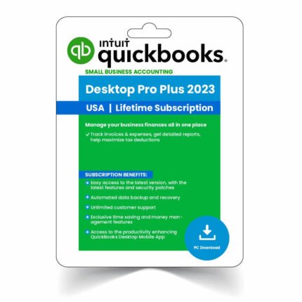 QuickBooks Desktop Pro Plus 2023 product box with activation key for small business accounting